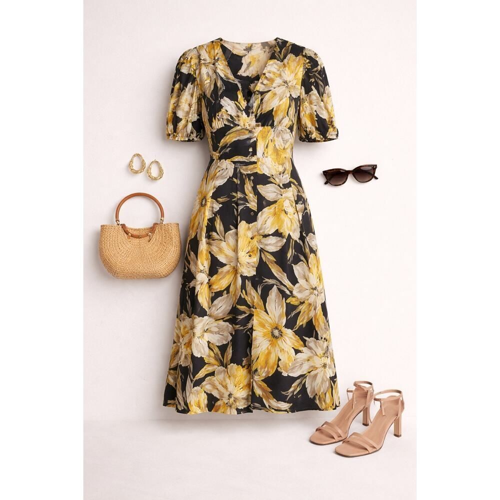Amour Vert Odette 100% Silk Floral Midi Dress L Yellow Black Fit Flare Romantic